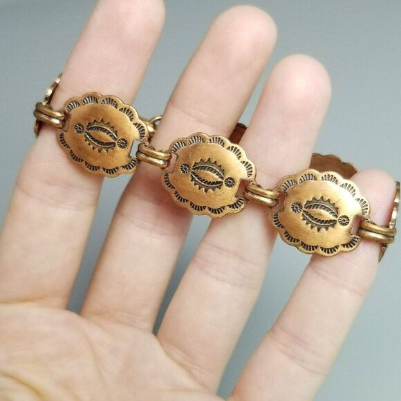 Vintage Copper Medallion Link Panel Bracelet, Hammered Stamp Design, 7 Inches - Picture 2 of 8
